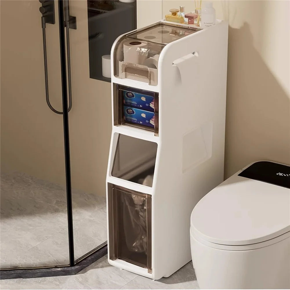 Slim Bathroom Storage Cabinet 4-Tier Toilet Organizer with Drawers / Trash Can / Paper Basket - 1