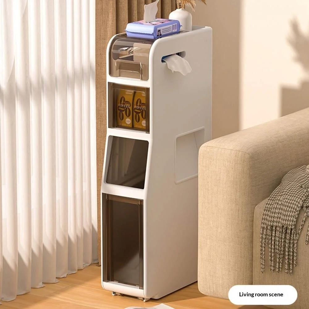 Slim Bathroom Storage Cabinet 4-Tier Toilet Organizer with Drawers / Trash Can / Paper Basket - 7