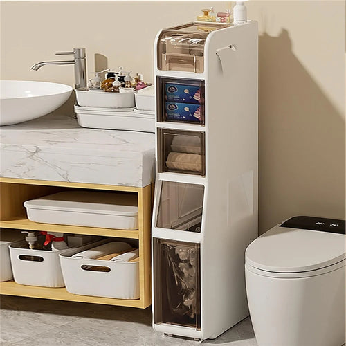 Slim Bathroom Storage Cabinet 5 Tier Toilet Organizer with Drawers / Trash Can / Tissue Box - 1