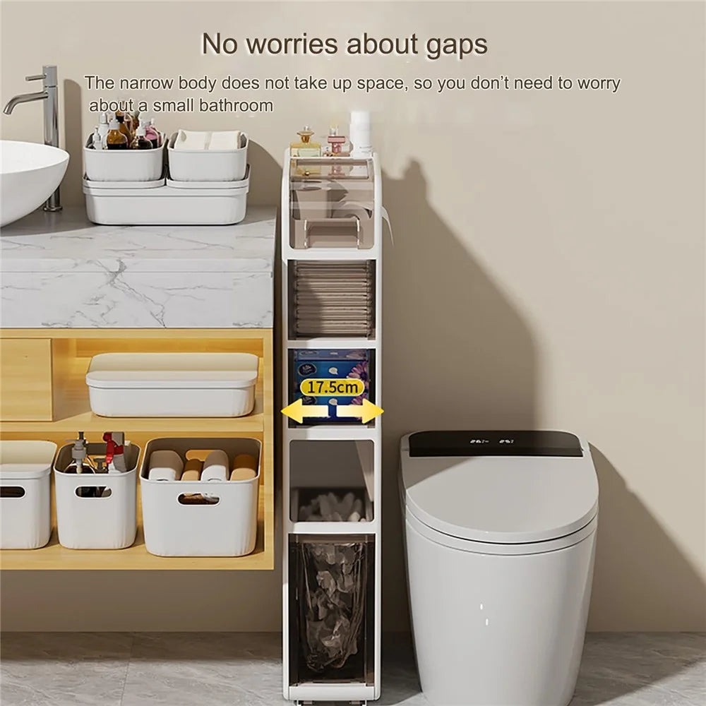 Slim Bathroom Storage Cabinet 5 Tier Toilet Organizer with Drawers / Trash Can / Tissue Box - 3