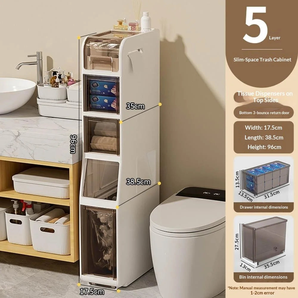 Slim Bathroom Storage Cabinet 5 Tier Toilet Organizer with Drawers / Trash Can / Tissue Box - 6