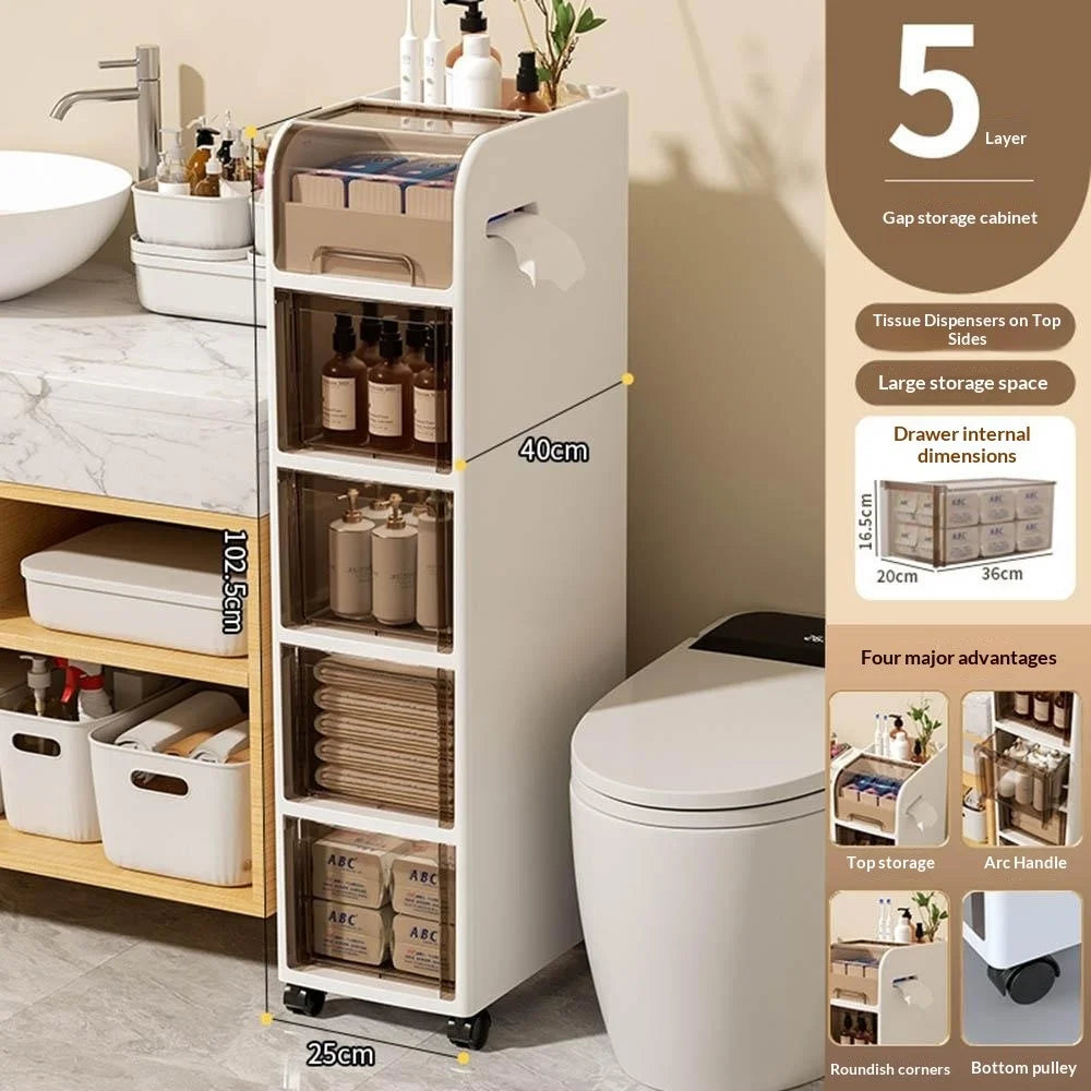 102.5cm Height Bathroom Narrow Cabinet 5-Tier Bathroom Organizer Toilet Storage Cart with Wheels for Home - 7
