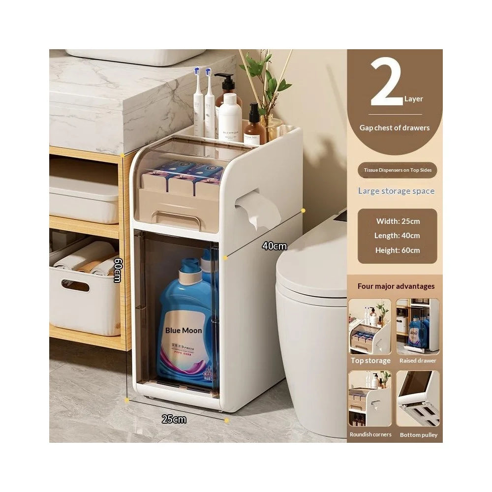 60cm Height Bathroom Storage Cart 2-Tier Narrow Cabinet Toilet Organizer with Wheels for Home - 1