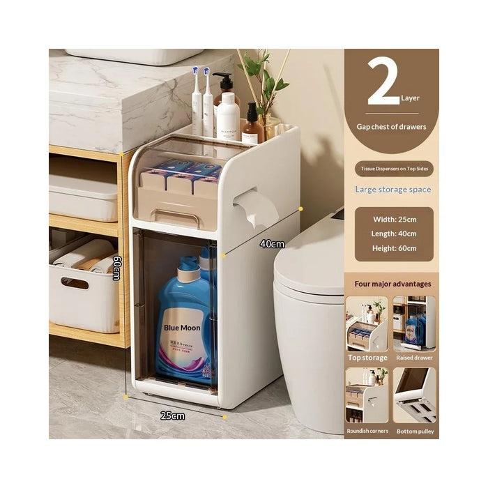 60cm Height Bathroom Storage Cart 2-Tier Narrow Cabinet Toilet Organizer with Wheels for Home - 1