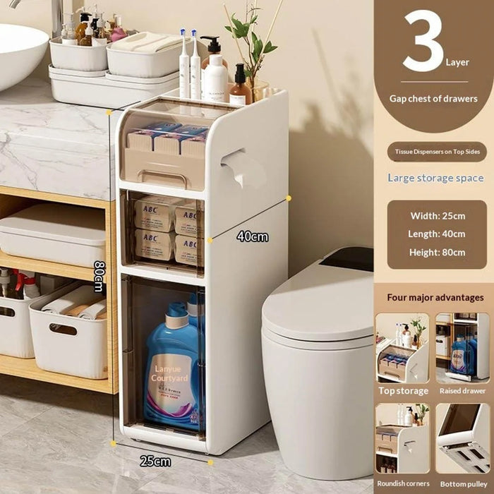 80cm Height Bathroom Storage Cart 3-Tier Narrow Cabinet Toilet Organizer with Wheels for Home - 2