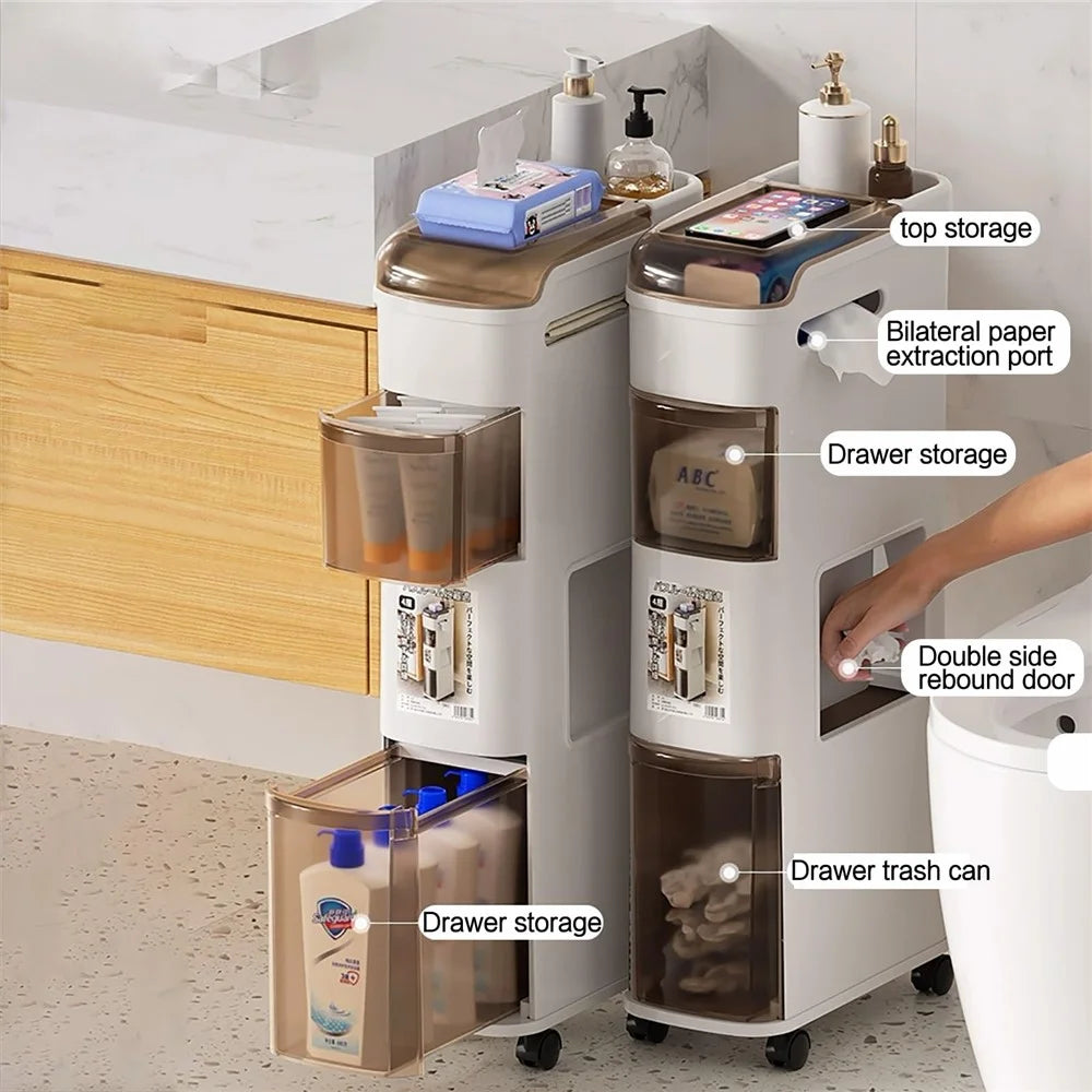 Bathroom Narrow Storage Cabinet Rolling Cart with Trash Can Multi-Tier Toilet Organizer Drawer, No Installation - 2