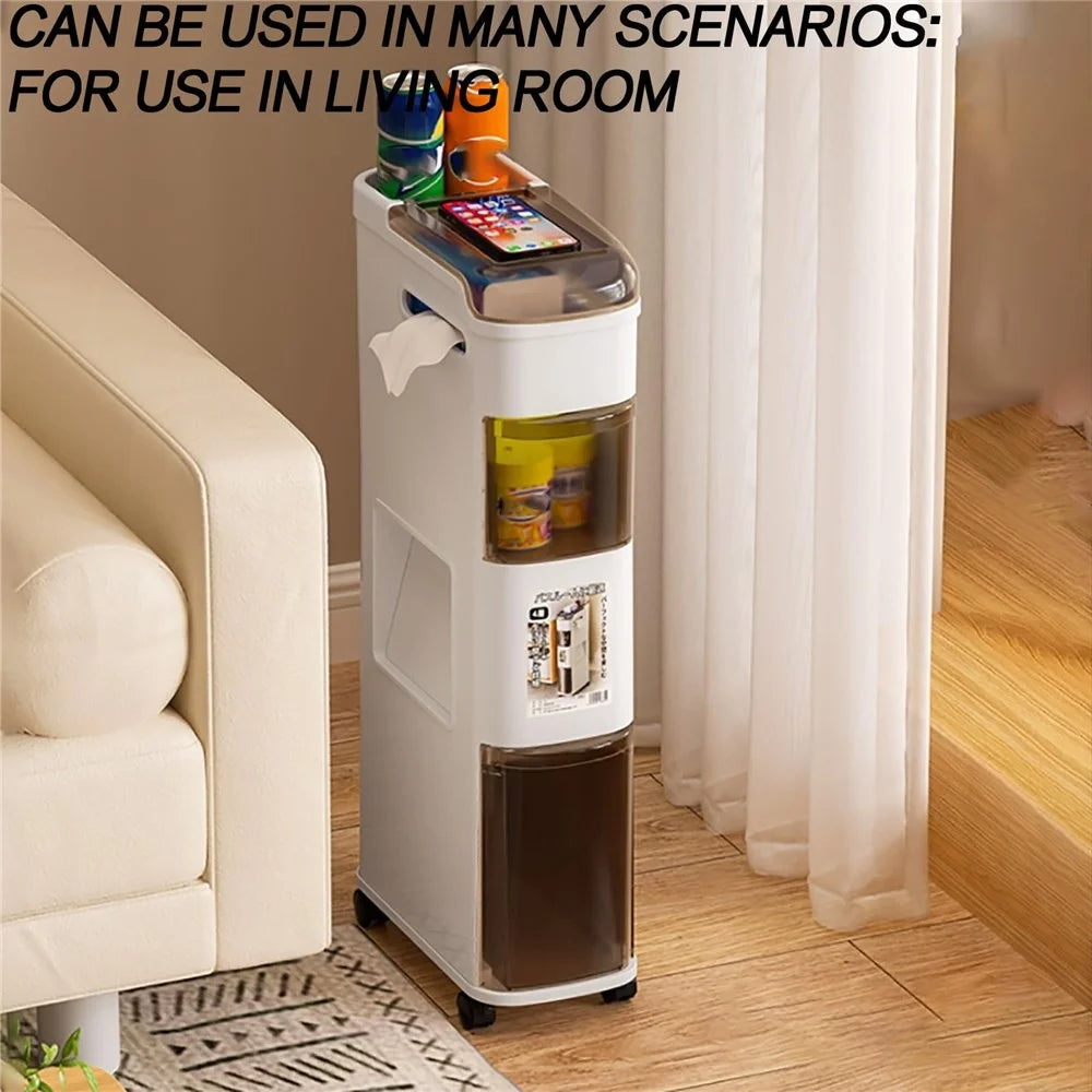Bathroom Narrow Storage Cabinet Rolling Cart with Trash Can Multi-Tier Toilet Organizer Drawer, No Installation - 4