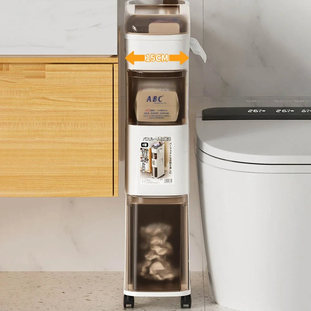 Bathroom Narrow Storage Cabinet Rolling Cart with Trash Can Multi-Tier Toilet Organizer Drawer, No Installation - 5