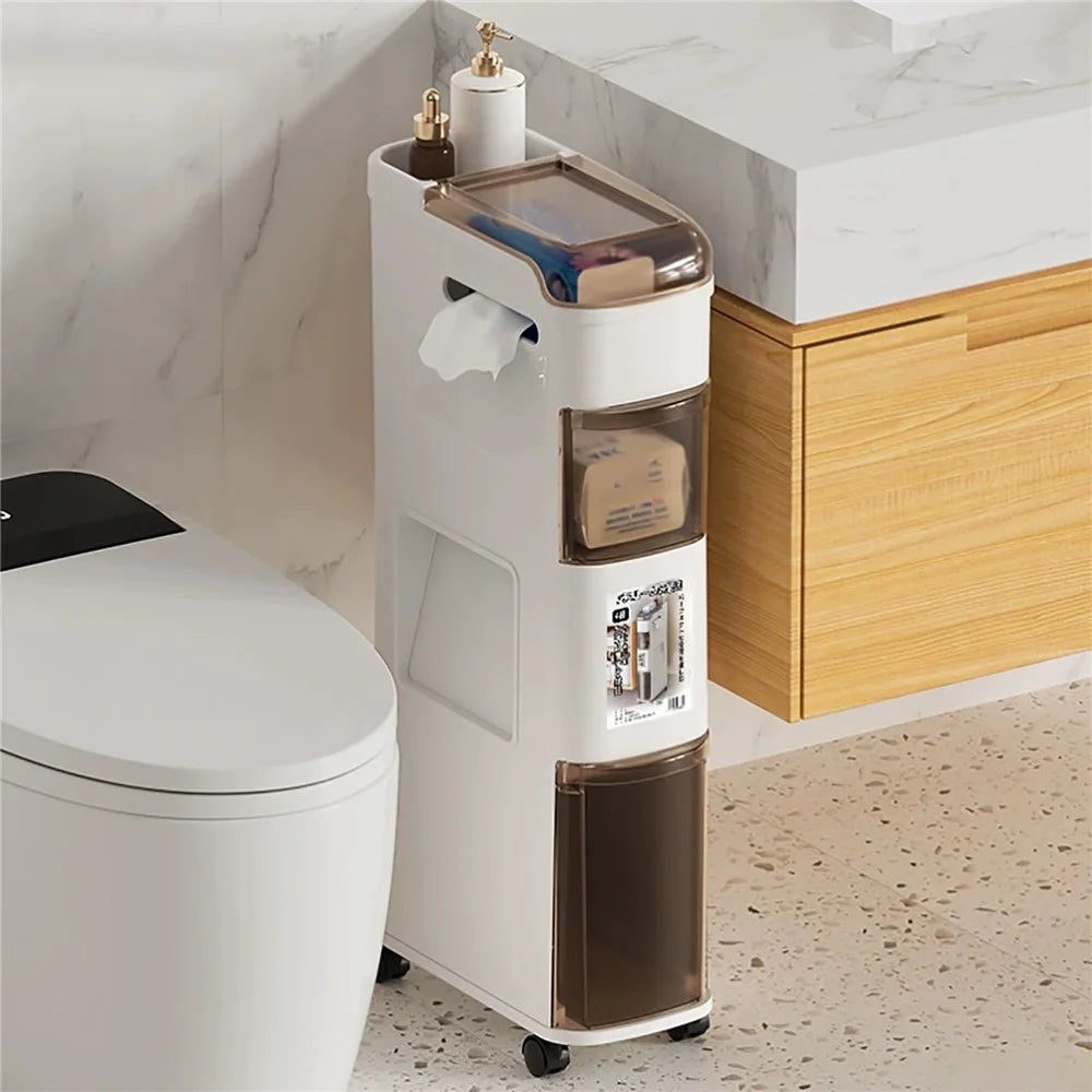 Bathroom Narrow Storage Cabinet Rolling Cart with Trash Can Multi-Tier Toilet Organizer Drawer, No Installation - 6