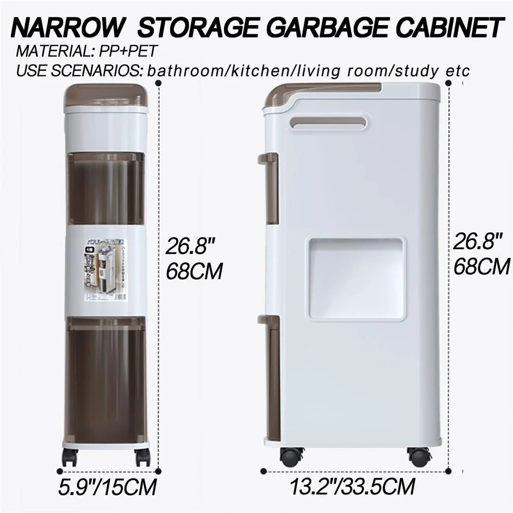 Bathroom Narrow Storage Cabinet Rolling Cart with Trash Can Multi-Tier Toilet Organizer Drawer, No Installation - 7