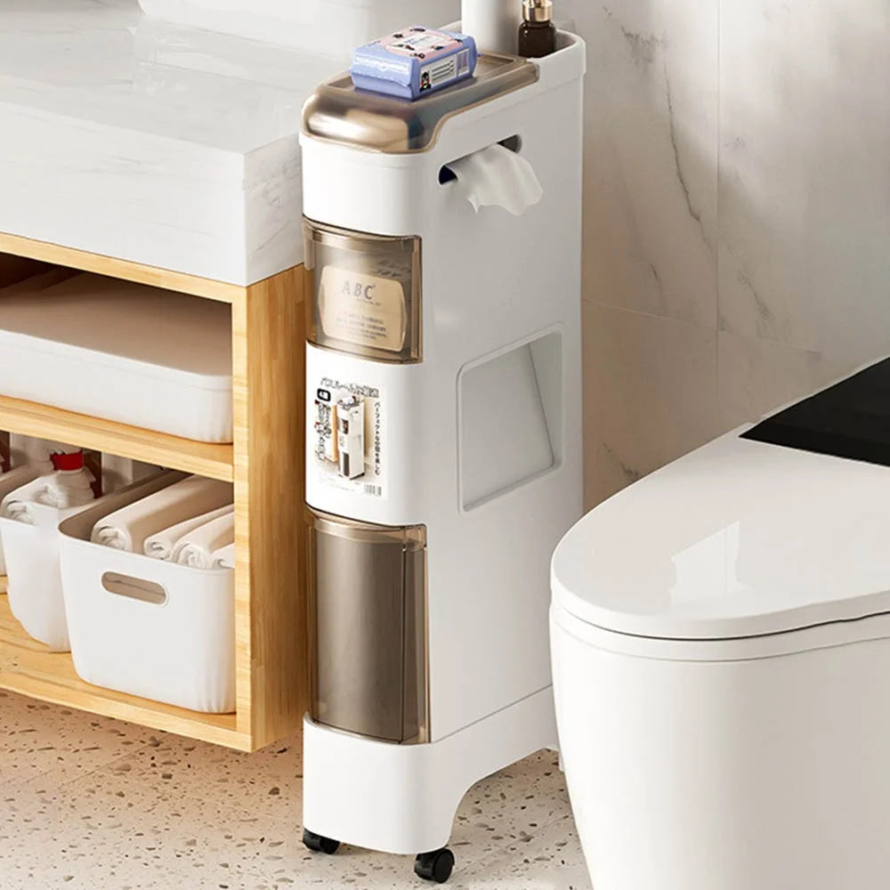 Elevated Base Bathroom Narrow Storage Cabinet Rolling Cart with Trash Can Multi-Tier Toilet Organizer Drawer, No Installation - 1