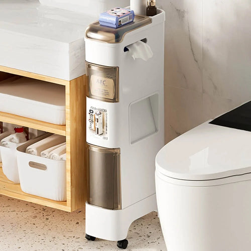 Elevated Base Bathroom Narrow Storage Cabinet Rolling Cart with Trash Can Multi-Tier Toilet Organizer Drawer, No Installation - 1