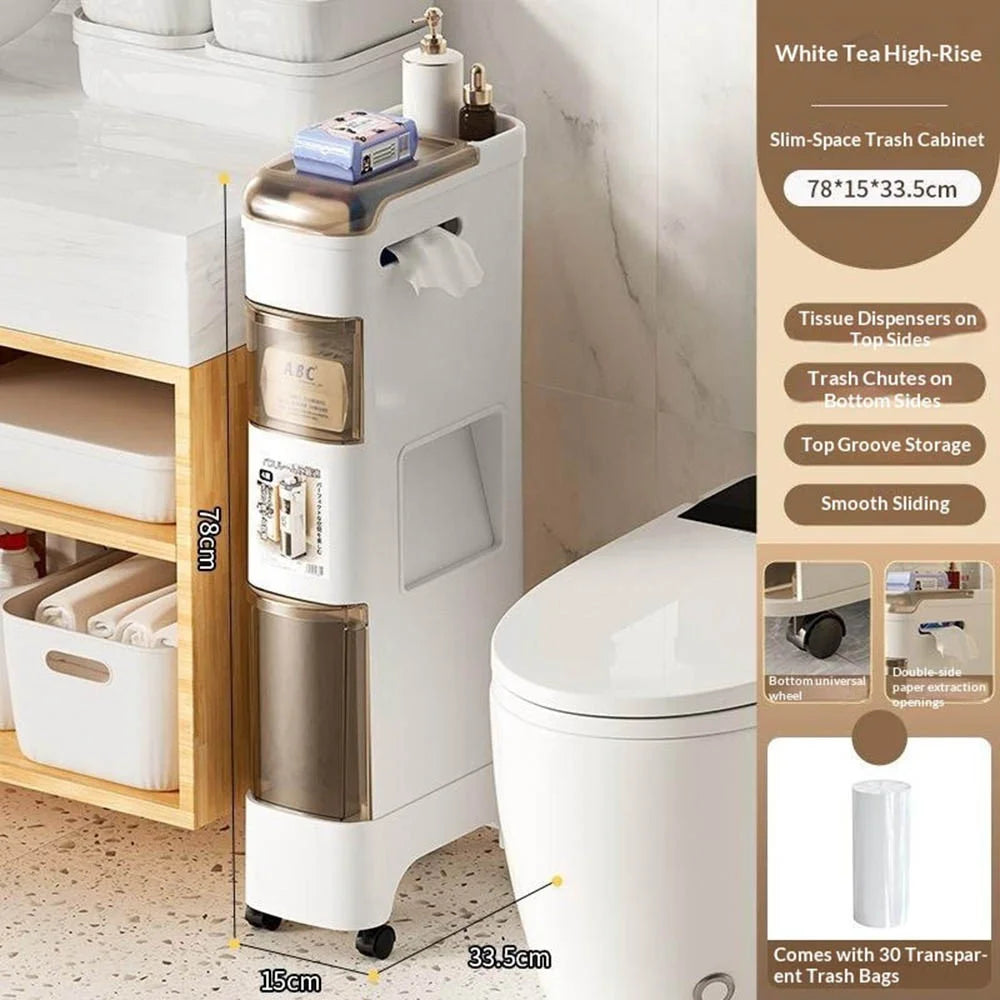 Elevated Base Bathroom Narrow Storage Cabinet Rolling Cart with Trash Can Multi-Tier Toilet Organizer Drawer, No Installation - 2