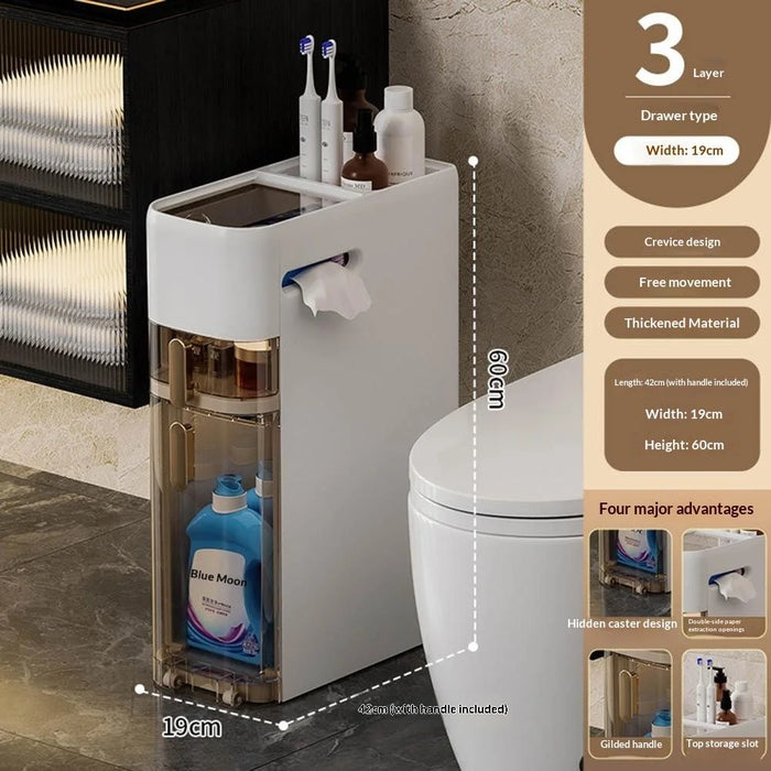 3-Tier Bathroom Storage Cabinet Narrow Toilet Side Organizer with Drawer Casters Space-Saving Gap Rack - 2