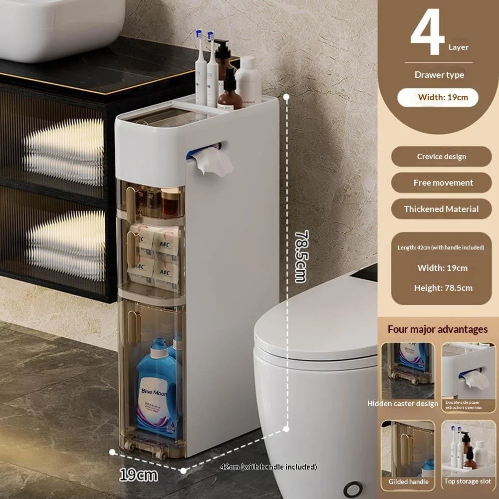 4-Tier Bathroom Storage Cabinet Narrow Toilet Side Organizer with Drawer Casters Space-Saving Gap Rack - 5
