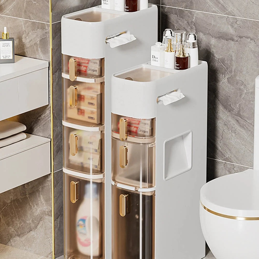 5-Tier Bathroom Storage Cabinet Narrow Toilet Side Organizer with Drawer Casters Space-Saving Gap Rack - 2