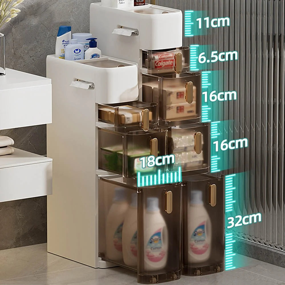 5-Tier Bathroom Storage Cabinet Narrow Toilet Side Organizer with Drawer Casters Space-Saving Gap Rack - 3