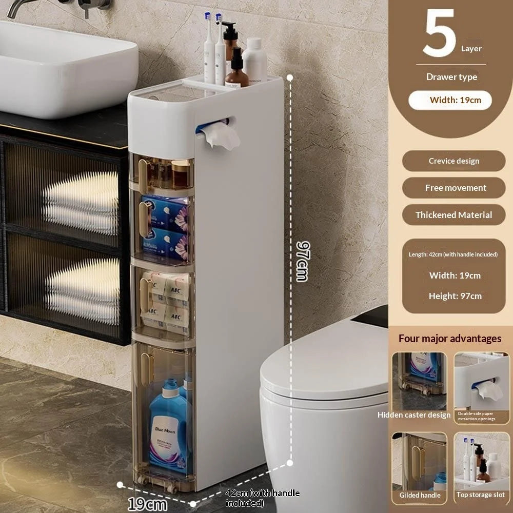 5-Tier Bathroom Storage Cabinet Narrow Toilet Side Organizer with Drawer Casters Space-Saving Gap Rack - 5