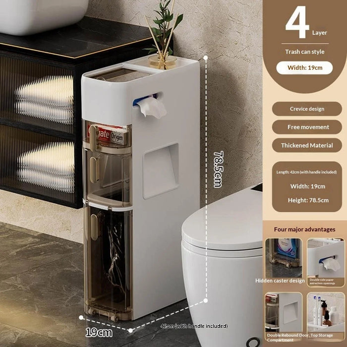 4-Tier Bathroom Storage Cabinet Slim Toilet Paper Holder with Trash Can Drawer Organizer with Wheels - 4