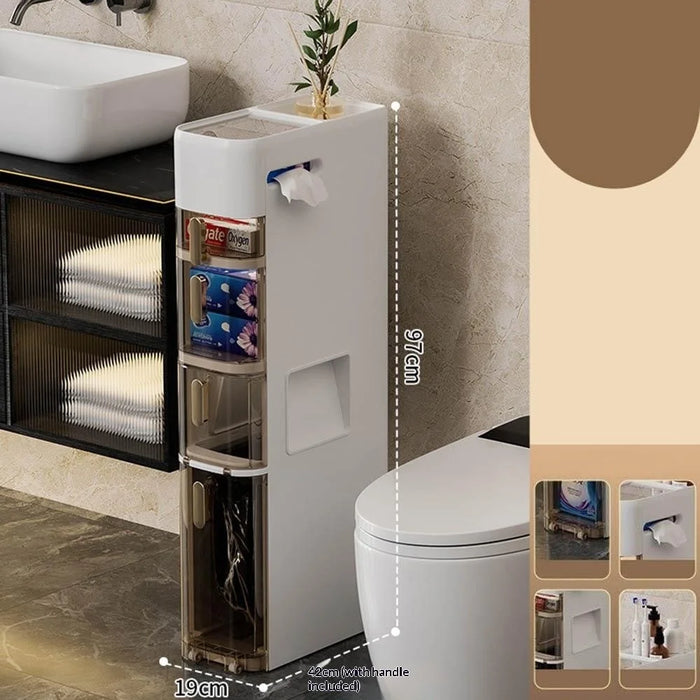 5-Tier Bathroom Storage Cabinet Slim Toilet Paper Holder with Trash Can Drawer Organizer with Wheels - 1