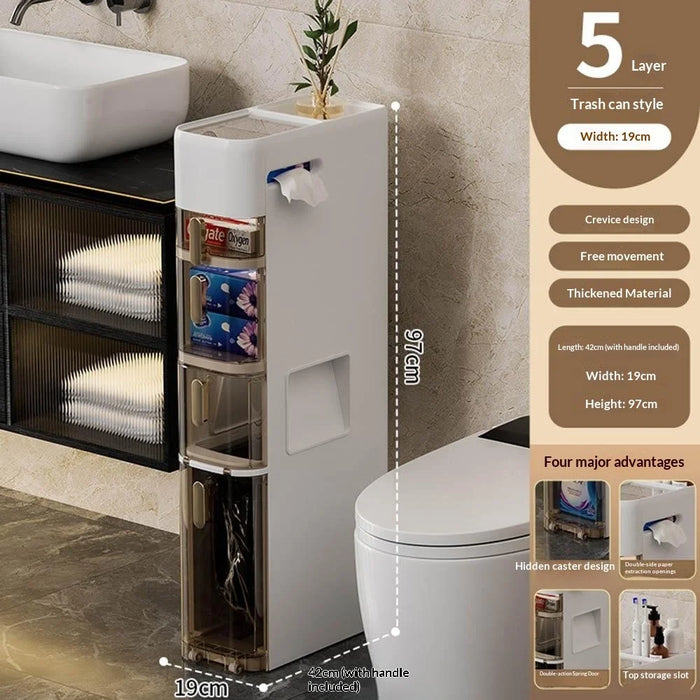 5-Tier Bathroom Storage Cabinet Slim Toilet Paper Holder with Trash Can Drawer Organizer with Wheels - 4