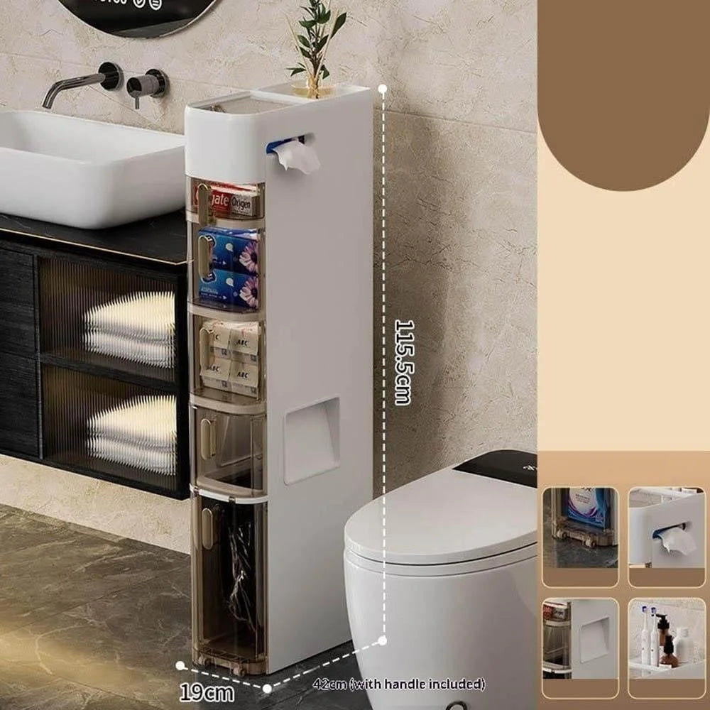 6-Tier Bathroom Storage Cabinet Slim Toilet Paper Holder with Trash Can Drawer Organizer with Wheels - 1