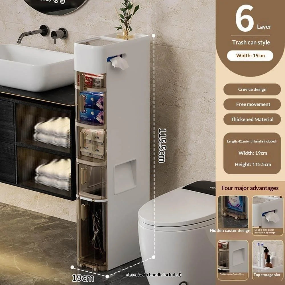 6-Tier Bathroom Storage Cabinet Slim Toilet Paper Holder with Trash Can Drawer Organizer with Wheels - 4