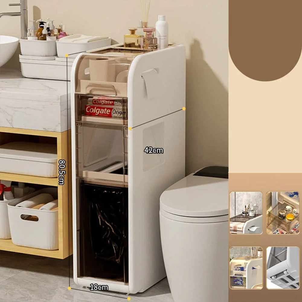 4-Tier Slim Bathroom Storage Cabinet Toilet Paper Towel Organizer with Wheels Trash Can Drawer - 1