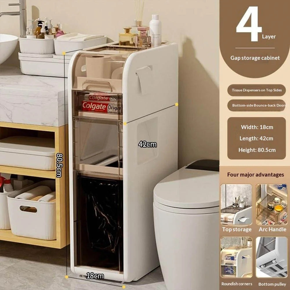 4-Tier Slim Bathroom Storage Cabinet Toilet Paper Towel Organizer with Wheels Trash Can Drawer - 5