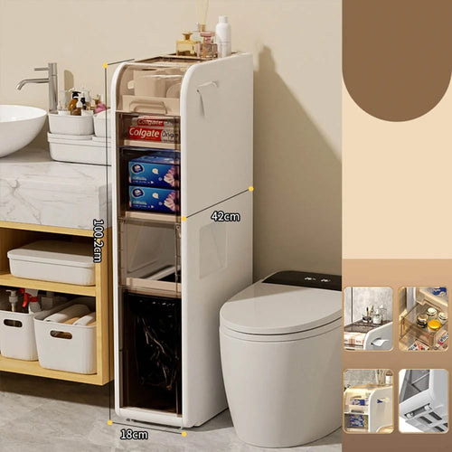 5-Tier Slim Bathroom Storage Cabinet Toilet Paper Towel Organizer with Wheels Trash Can Drawer - 1