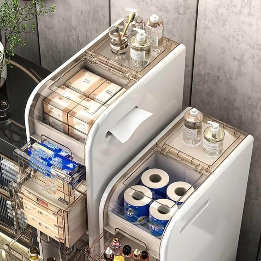 5-Tier Slim Bathroom Storage Cabinet Toilet Paper Towel Organizer with Wheels Trash Can Drawer - 5