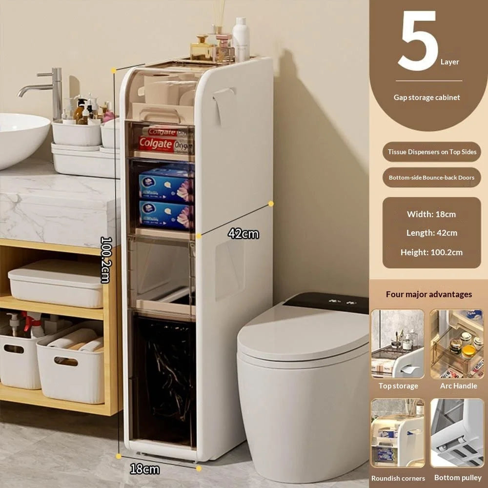 5-Tier Slim Bathroom Storage Cabinet Toilet Paper Towel Organizer with Wheels Trash Can Drawer - 6