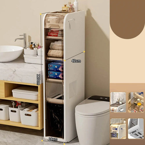 6-Tier Slim Bathroom Storage Cabinet Toilet Paper Towel Organizer with Wheels Trash Can Drawer - 1