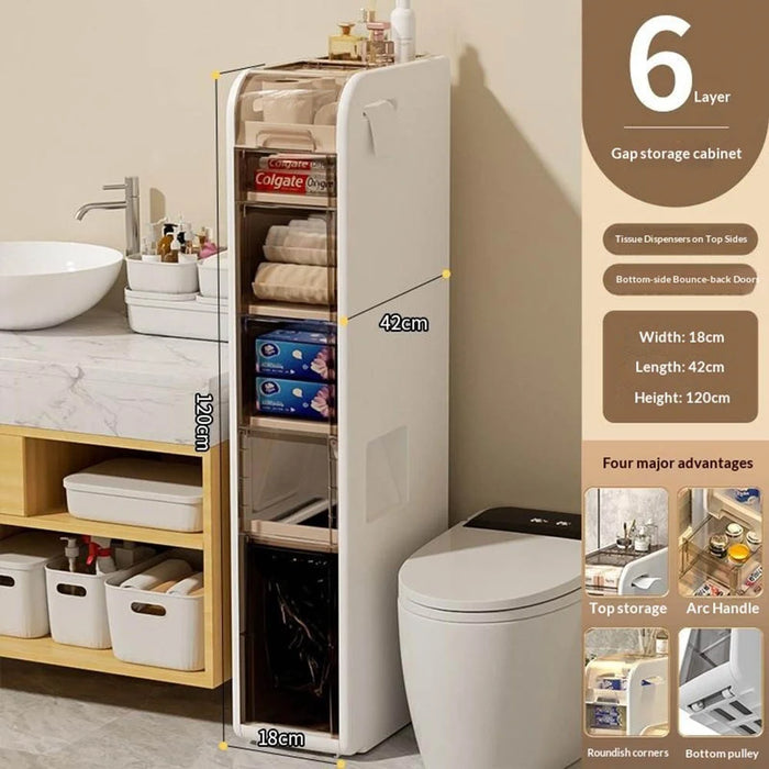 6-Tier Slim Bathroom Storage Cabinet Toilet Paper Towel Organizer with Wheels Trash Can Drawer - 5