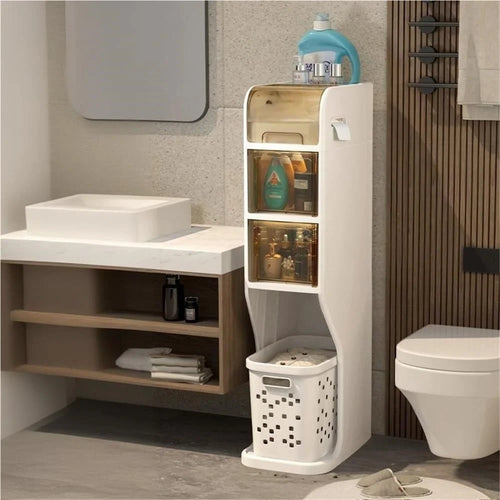 4 Tier Bathroom Storage Cabinet Slim Rolling Organizer with Laundry Basket for Toilet Narrow Spaces - 1