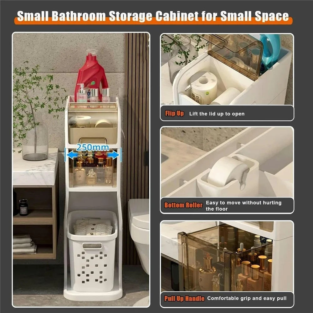 4 Tier Bathroom Storage Cabinet Slim Rolling Organizer with Laundry Basket for Toilet Narrow Spaces - 2