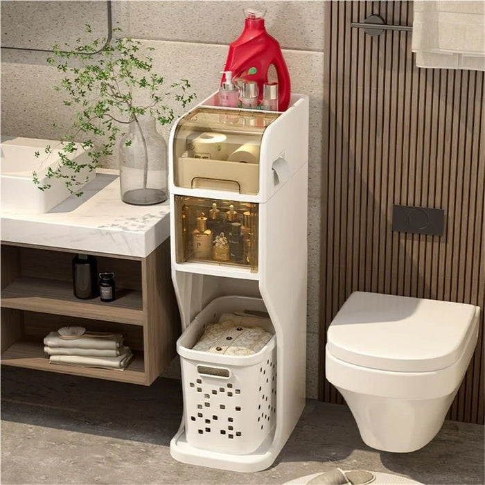 3 Tier Bathroom Storage Cabinet Slim Rolling Organizer for Toilet Paper Toiletries Laundry Basket - 7
