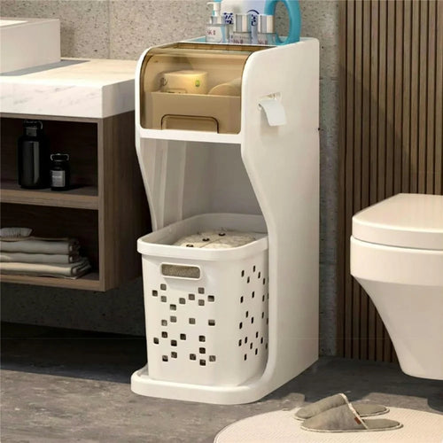 2 Tier Bathroom Storage Cart Slim Rolling Organizer with Laundry Basket for Toilet Paper Toiletries - 1