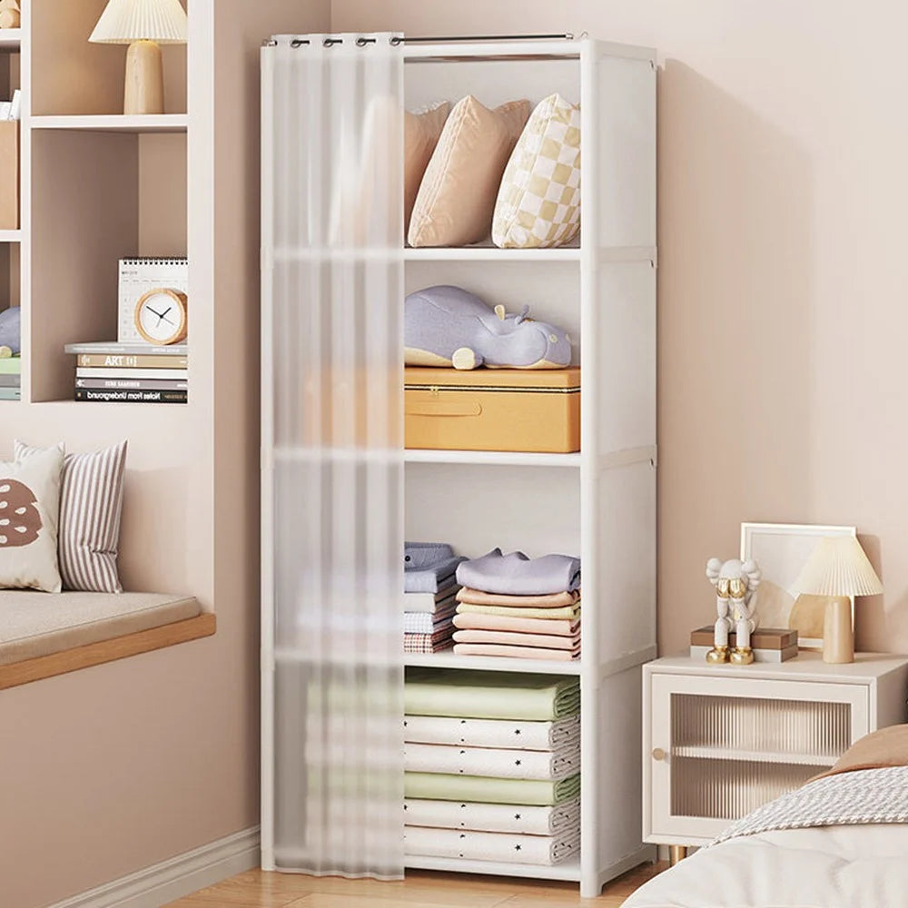 Single Row 5 Tier Portable Wardrobe Closet Organizer  Bedroom Storage Cabinet with Dust Cover - White - 2
