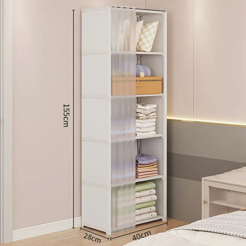 40 x 28 x 155cm 6 Tier Single Row Bedroom Storage Cabinet Dust Proof Organizer with Curtain - White - 1