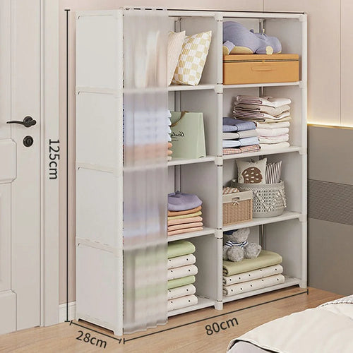 80 x 28 x 125cm 5 Tier Dual Row Bedroom Storage Cabinet Dust Proof Organizer with Curtain - White - 1