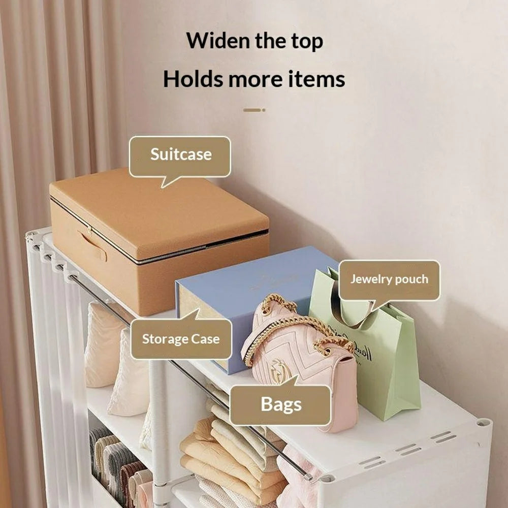 80 x 28 x 125cm 5 Tier Dual Row Bedroom Storage Cabinet Dust Proof Organizer with Curtain - White - 2