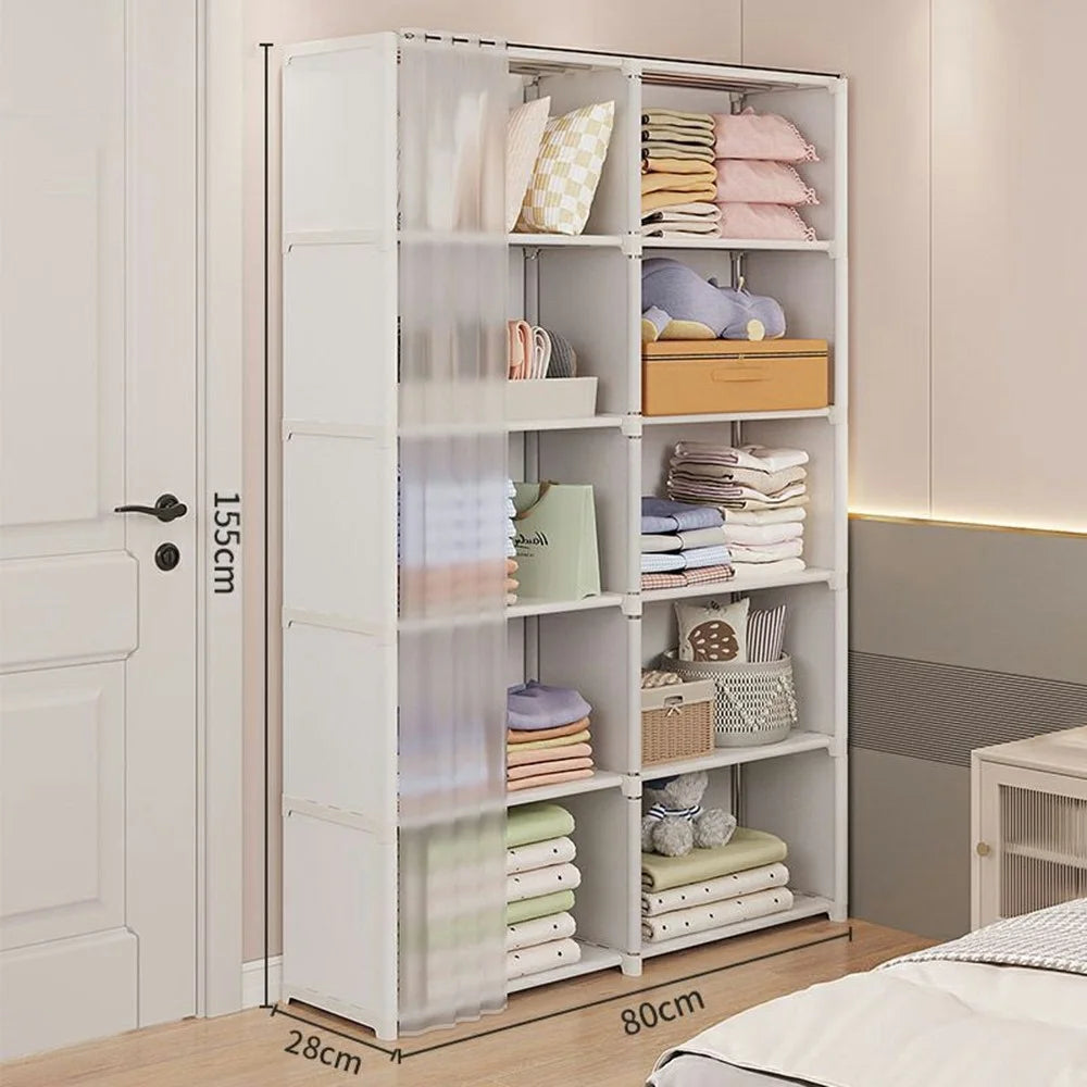 80 x 28 x 155cm 6 Tier Dual Row Bedroom Storage Cabinet Dust Proof Organizer with Curtain - White - 1