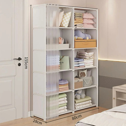 80 x 28 x 155cm 6 Tier Dual Row Bedroom Storage Cabinet Dust Proof Organizer with Curtain - White - 1