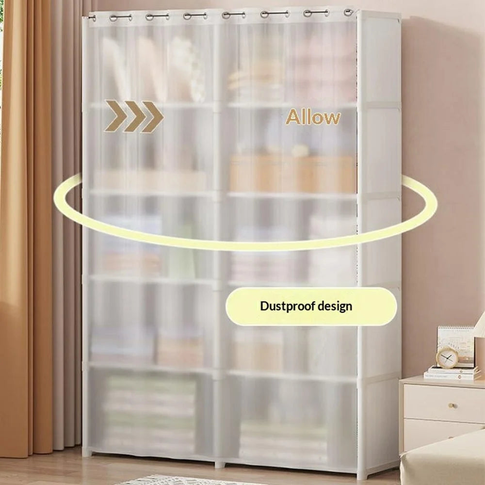 80 x 28 x 155cm 6 Tier Dual Row Bedroom Storage Cabinet Dust Proof Organizer with Curtain - White - 2