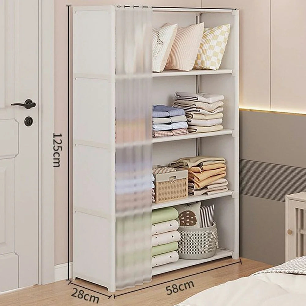 58 x 28 x 125cm 5 Tier Single Row Bedroom Wide Storage Cabinet Dust Proof Organizer with Curtain - White - 1