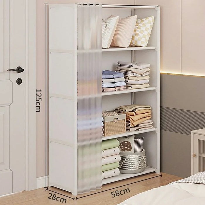 58 x 28 x 125cm 5 Tier Single Row Bedroom Wide Storage Cabinet Dust Proof Organizer with Curtain - White - 1