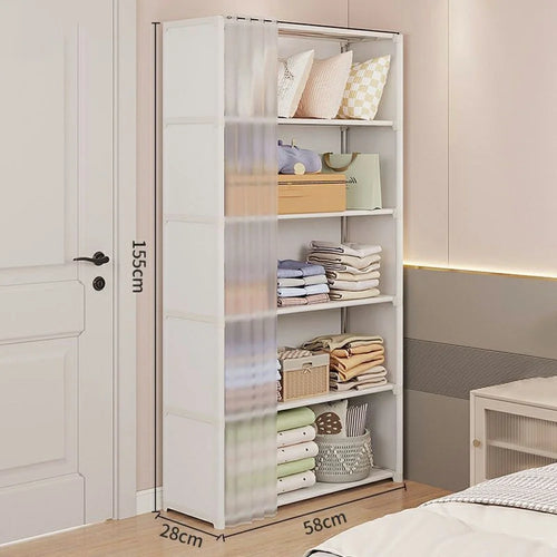 58 x 28 x 155cm 6 Tier Single Row Wide Bedroom Storage Cabinet Dust Proof Organizer with Curtain - White - 1