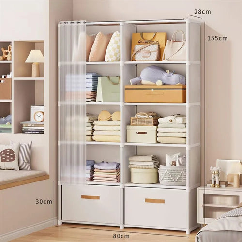 80 x 30 x 155cm 6 Tier Dual Row Bedroom Wardrobe Closet Organizer Storage Cabinet with Drawer - White - 1