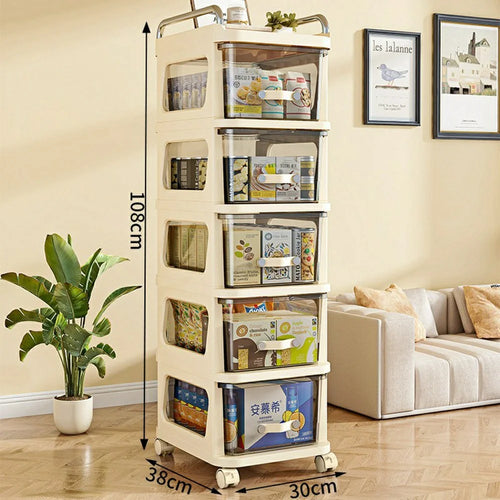 38x30x108cm Cream Style 5-Tier Mobile Storage Cart with Drawers Multi Layer PP Rolling Organizer with Wheels for Kitchen Bathroom - 1